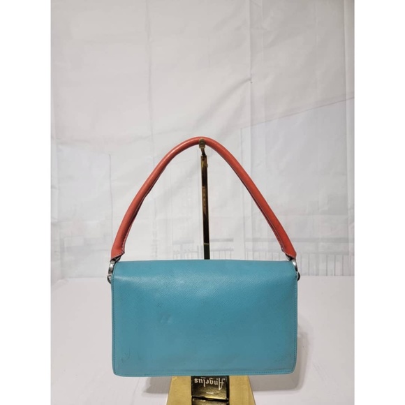 Authentic Prada Saffiano Sound Lock Pochette Shoulder Bag Orange/Blue - Picture 7 of 16